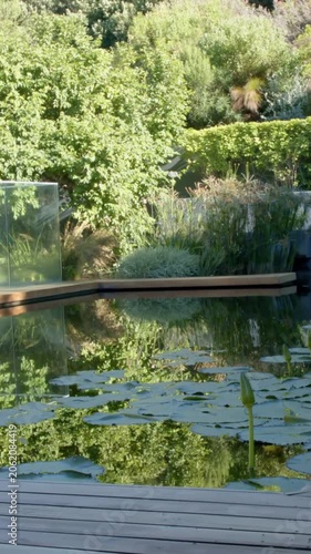 Vertical video: Rippling pond with lily pads and bud on home wooden deck, glass rail left by breeze