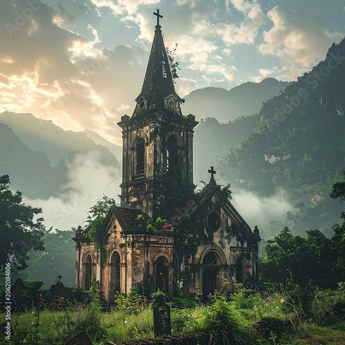 A dilapidated church stands amidst overgrown vegetation, with a tall steeple and mountain backdrop