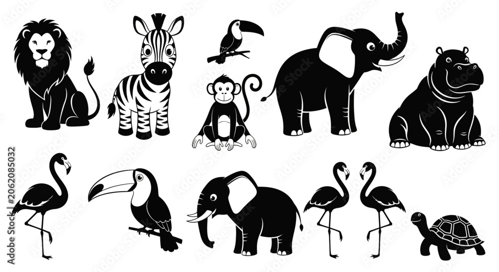 Obraz premium black and white zoo animals icons, safari wildlife symbols, illustration set