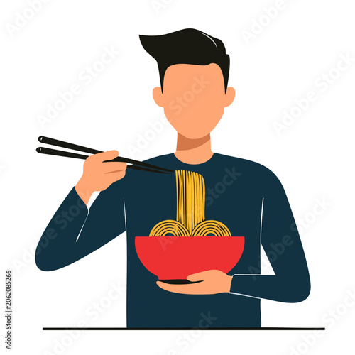 Man eating noodles with chopsticks illustration