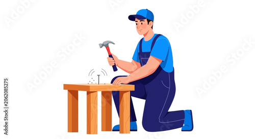 Man in blue overalls hammering nail into wooden table, DIY project concept, home improvement background