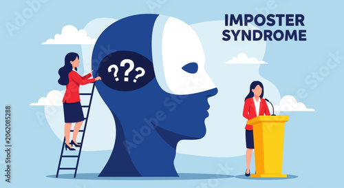 Fotografía Woman with imposter syndrome speaking at podium, self doubt concept, business pr