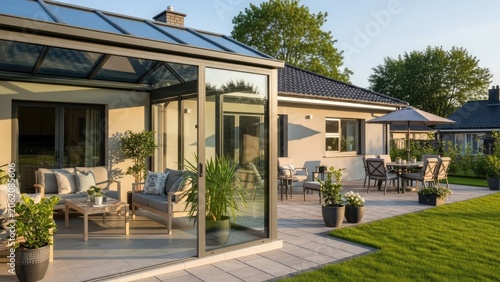 Modern glass sunroom addition to a suburban home
