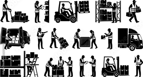 Warehouse Worker and Logistics Staff Silhouette Collection, Delivery and Storage Worker Professional Vector Set