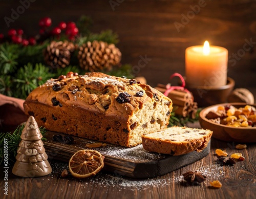 A festive holiday loaf with dried fruits and nuts on a wooden board surrounded by Christmas decorations