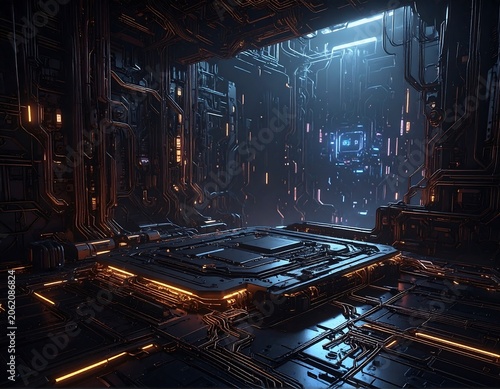 A futuristic dimly lit metallic room with raised platforms and glowing lines