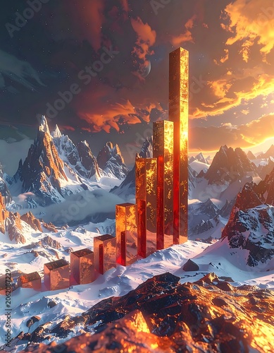 A futuristic cityscape rises from a snowy mountain range at sunset