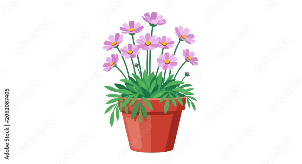 Obraz premium Pink flowers in red pot, simple illustration, home decor concept, background
