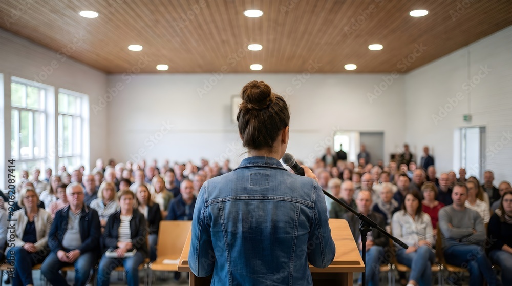Fototapeta premium Young woman speaking into a microphone at a podium during a large indoor community event