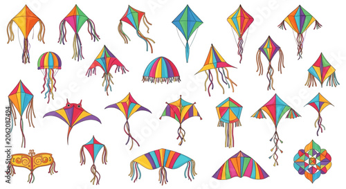 Fotografie Colorful kites flying high, kite collection, recreational activity background