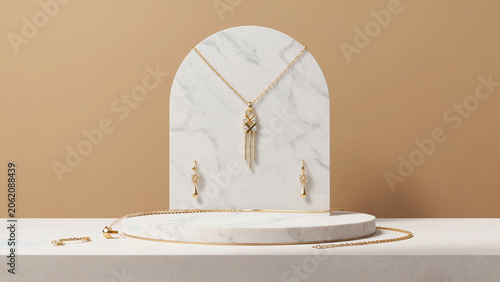 gold jewelry neckless and earing and ring display on showcase mockup.ai  