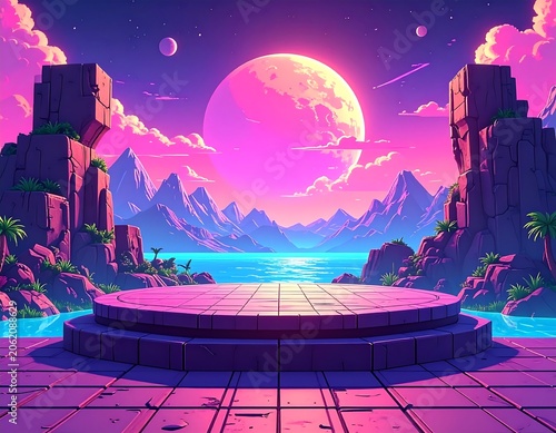 A futuristic pink and purple platform overlooking a serene ocean and mountain range at dusk