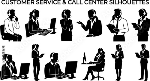 Customer Service and Call Center Silhouette Collection, Professional Support Team Worker Vector Set