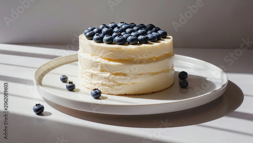 round layered moist milk cake with blueberries topping in white plate.ai 