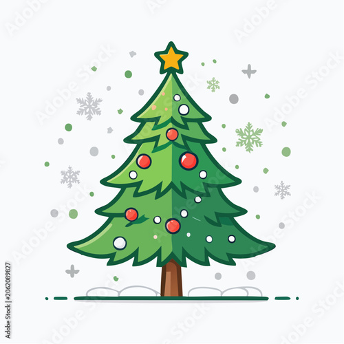 Cartoon Christmas Tree with Ornaments and Snowflakes