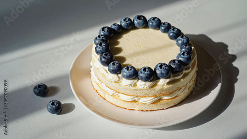 round layered moist milk cake with blueberries topping in white plate.ai 