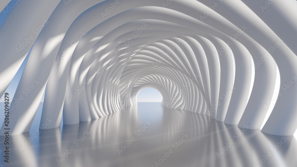 Obraz premium Futuristic 3D render background of an empty organic white twisted tunnel corridor under a blue sky