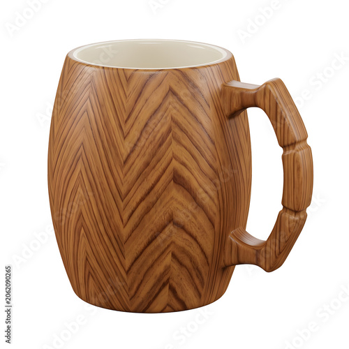 Wooden mug with chevron pattern on white background