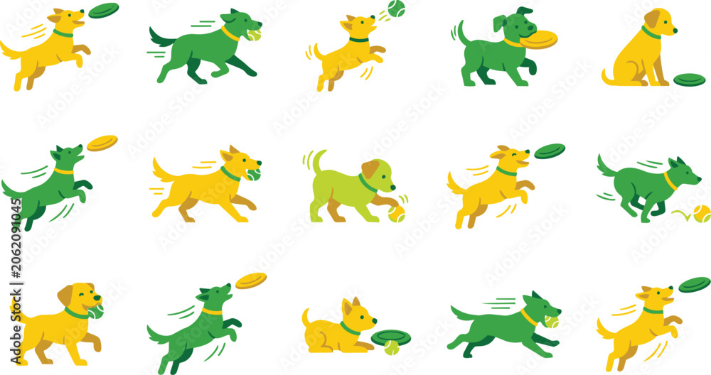Fototapeta premium Collection of cartoon dogs playing with frisbees and balls in various poses.