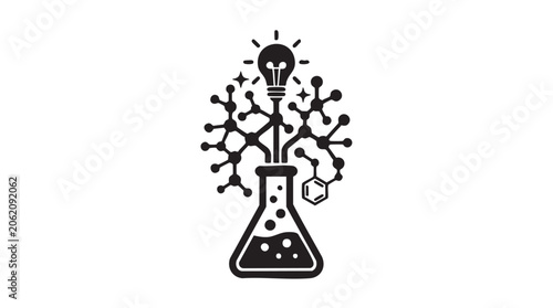 Fotografía Lightbulb with Molecular Structures and a Beaker Symbolizing Scientific Discover
