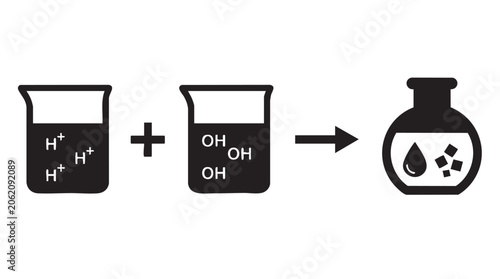 Obraz na plátně Beaker with Chemical Formula H+ and H3o+ Symbols, Plus Reaction Step Arrow and F