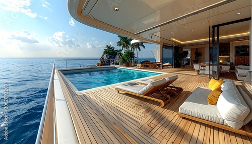 A luxurious yacht deck with pool and lounge chairs overlooking the ocean