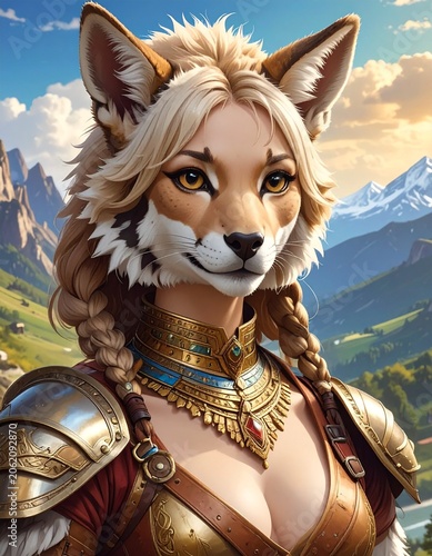 Anthropomorphic fox warrior outdoors