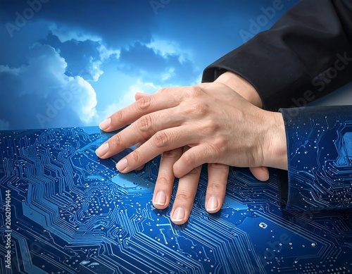 A man's hands in a suit rest on a blue circuit board with a cloudy sky background