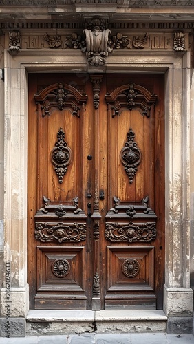 A pair of intricately carved wooden doors set in a stone frame