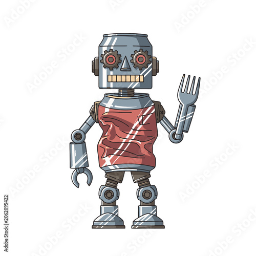 Obraz na płótnie A friendly robot made from a recycled metal beverage can stands on white backgro