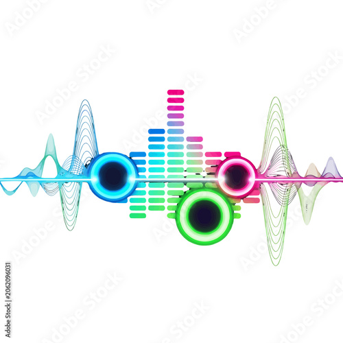 A vibrant digital audio waveform visualization with glowing circular elements