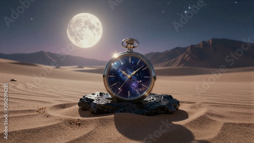 Moonlit desert holds pocket watch with cosmic face, time suspended in sand and stars.