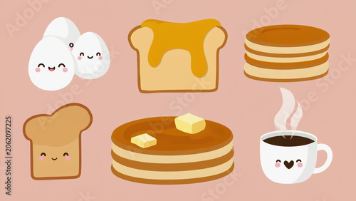 set of cartoon style breakfast items illustration.ai 