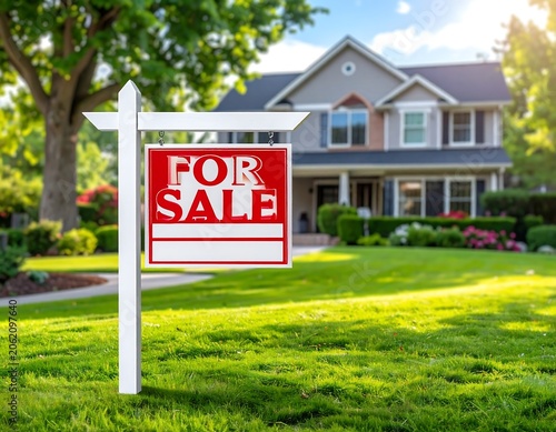 A real estate sign on a lawn in front of a house