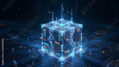 A glowing blue cube with circuitry, floating on a digital motherboard.