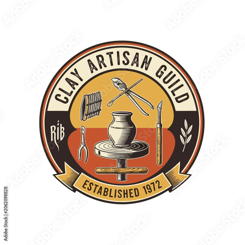Canvas Print Vintage clay artisan guild badge with pottery wheel and tools.