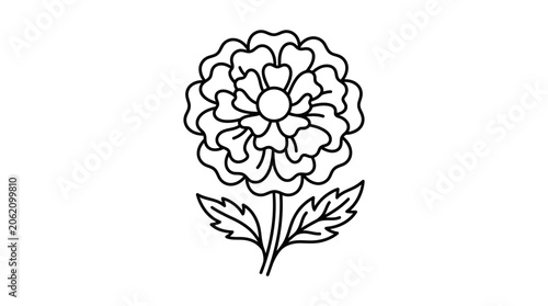 A simple black and white line art drawing of a blooming marigold flower with two leaves.