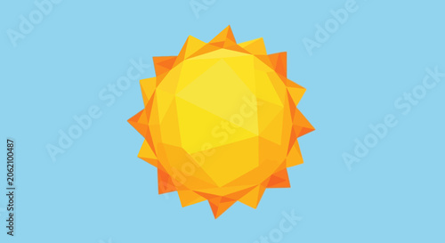 Geometric Low Poly Sun Icon Illustration on Light Blue Background