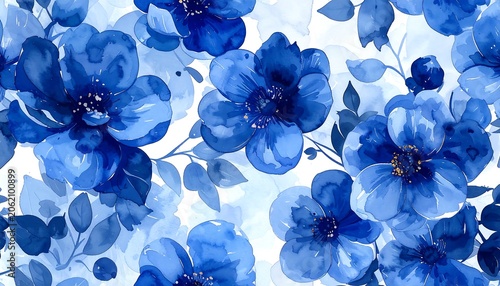 A serene floral pattern featuring blue flowers on a white background