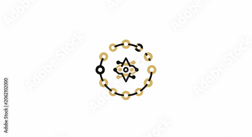 Abstract circular technology icon representing network connection and molecular structure in gold and black colors.