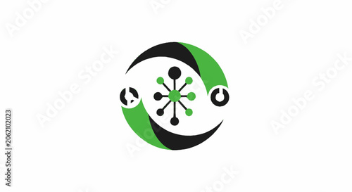Abstract circular technology logo icon with green and black network nodes on white background.