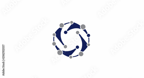 Abstract circular technology network logo design with blue and grey nodes on white background.