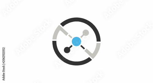 Abstract circular technology network logo icon with central blue node and connecting lines.