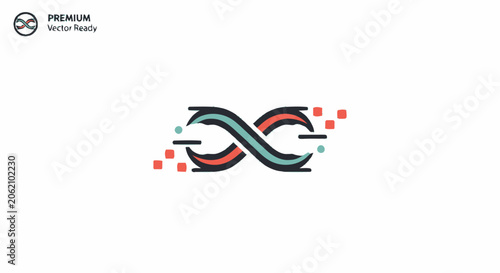 Abstract digital infinity symbol logo with glitch effect and pixel elements.
