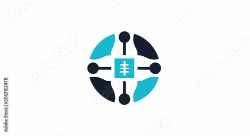 Abstract digital spine technology logo icon representing chiropractic care and medical network connection.