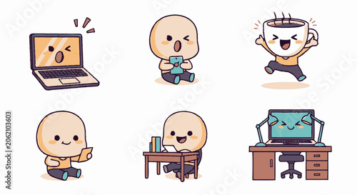 Adorable Cartoon Characters Enjoying Various Activities with Technology.