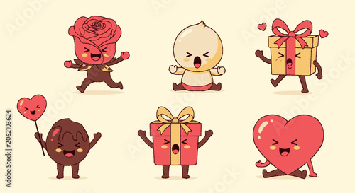 Adorable Cartoon Characters Expressing Love and Happiness on a Light Background.