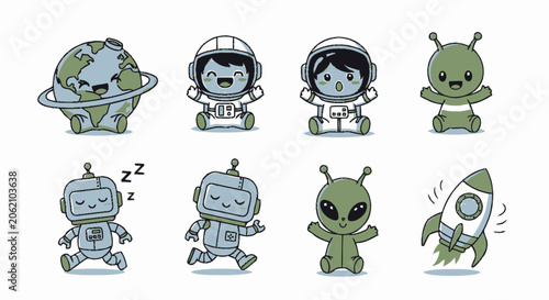 Adorable Cartoon Characters Featuring Astronauts, Aliens, Robots, and Rocket Ships.
