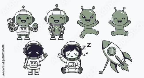 Adorable Cartoon Characters Featuring Robots, Aliens, and Astronauts in Playful Poses.
