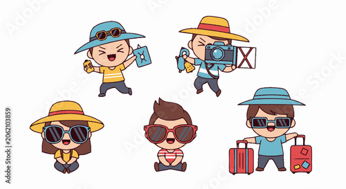 Adorable Cartoon Characters Ready for Exciting Summer Travel Adventures.